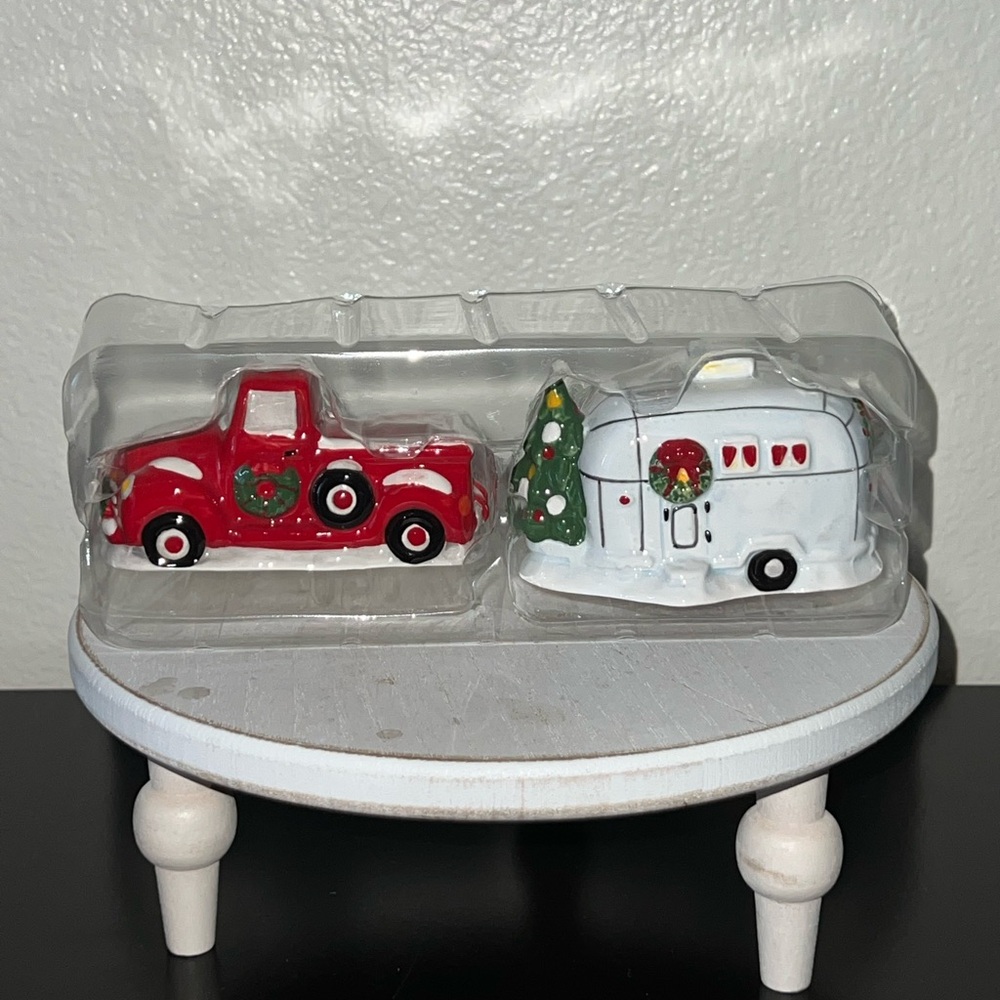 Happy Camper Christmas Red Truck and White Camper Decor Salt & Pepper Shaker Set